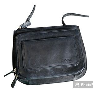 Fossil Crossbody Purse Black Leather Organizer Bag Women's Fashion Accessories